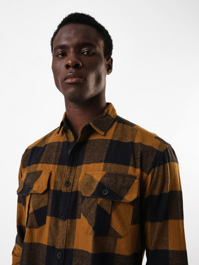 Men's Olive Flannel Checks Spread Collar Relaxed Fit Casual Shirt