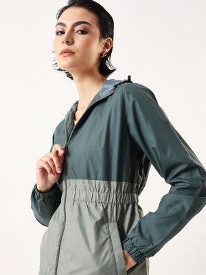 DL Woman Colourblocked Full Sleeves Hooded Casual Jacket