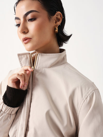 DL Woman Wine Solid Mock Collar Full Sleeves Jacket
