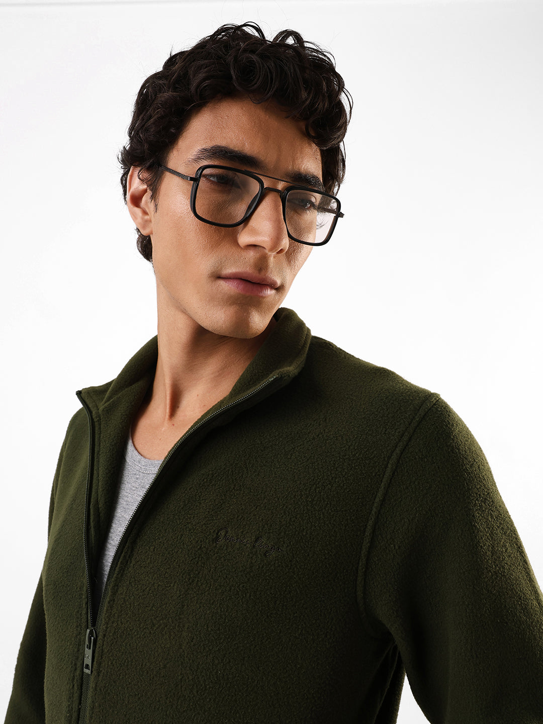 Men's Olive Solid Mock Collar Full Sleeves Open Front Jacket