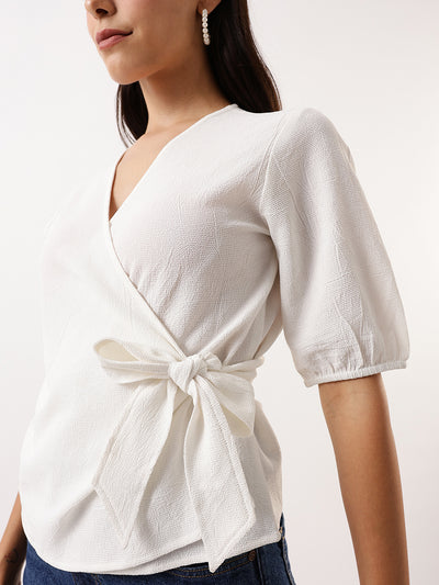 DL Woman White Solid Textured V-Neck Half Sleeves Tie-Up Top