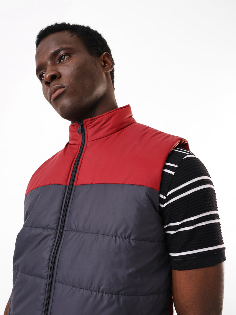 Men's Maroon & Navy Colourblocked Mock Collar Sleeveless Gilet Jacket