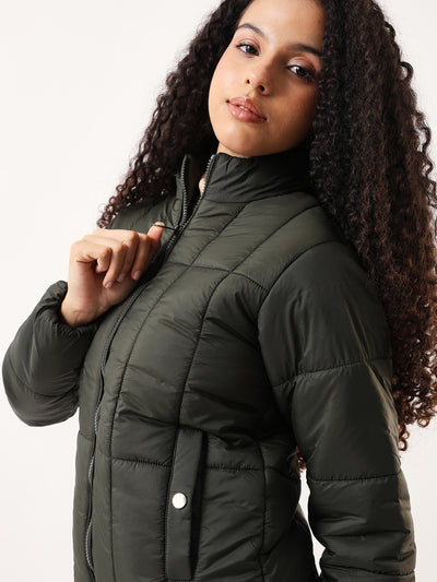 DL Woman Olive Solid Stand Collar Full sleeves Puffer Jacket