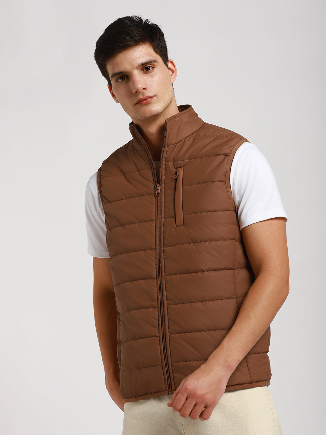 Dennis Lingo Men's Oxford Tan Solid Quilted High Neck Sleeveless Gillet Jackets