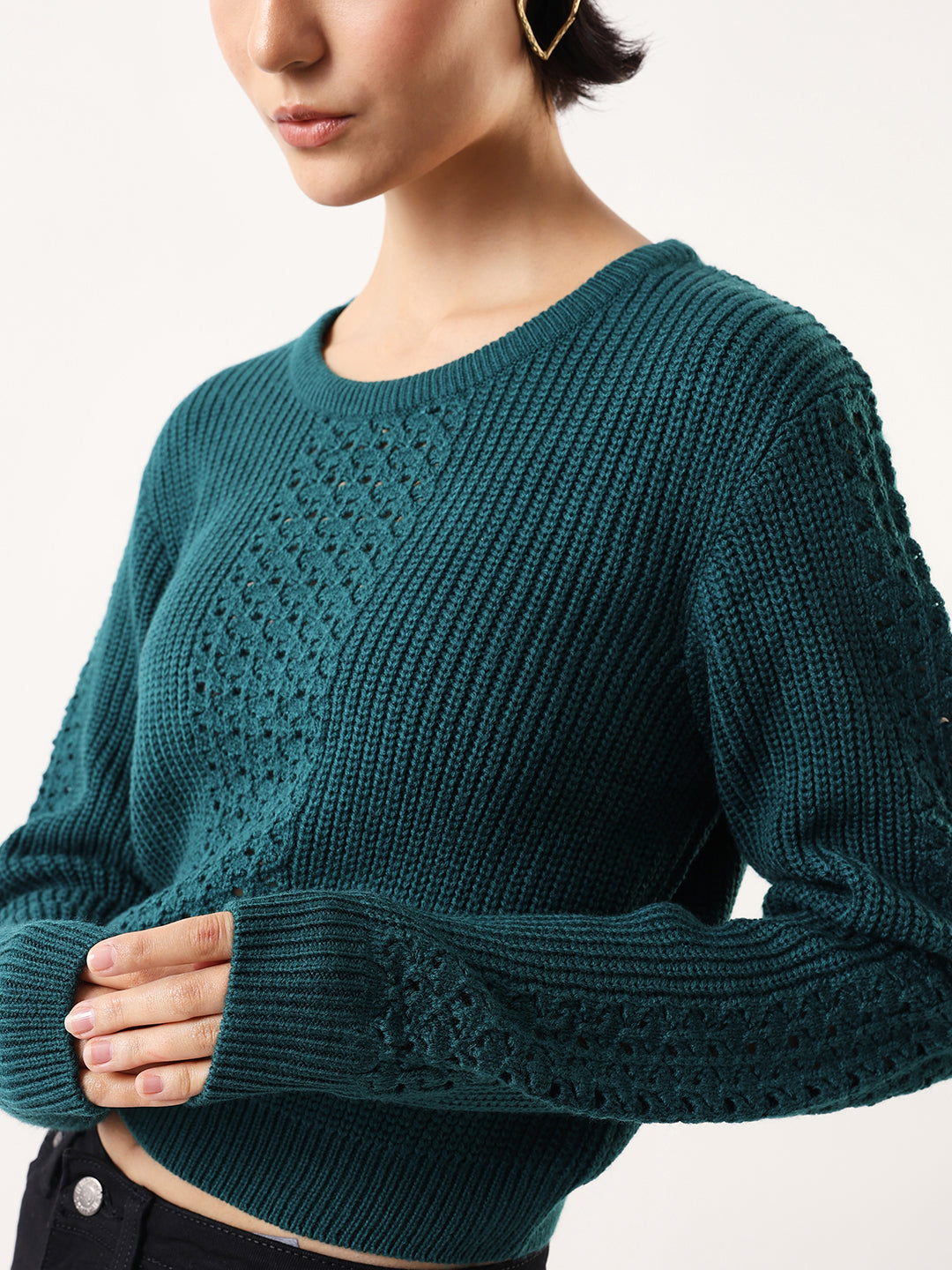 Solid Round Neck Full Sleeves Crochet Sweater