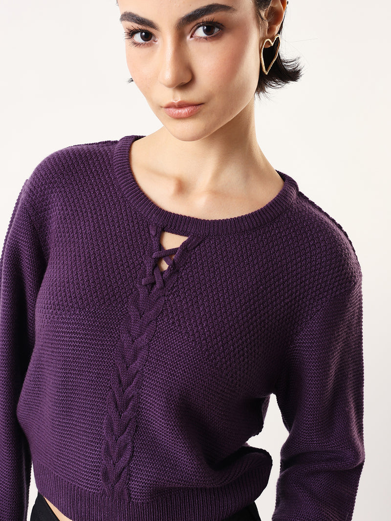 DL Woman Solid Round Neck Full Sleeves Cable Knit Sweater