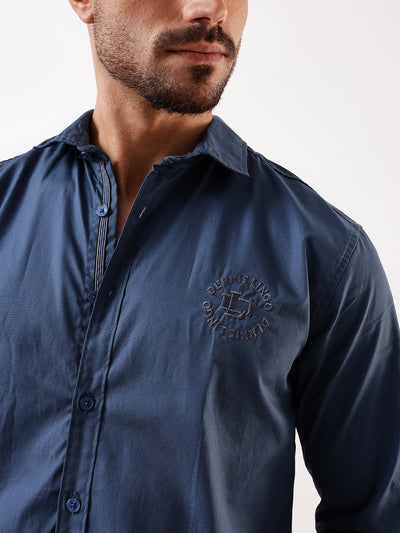 Men Blue Solid Spread Collar Embroidered Shirt