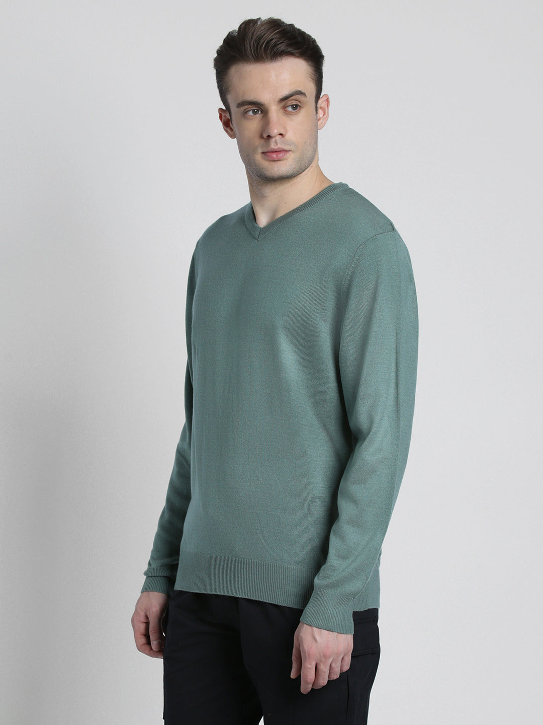 Dennis Lingo Men's Teal Green Tipping  Full Sleeves Pullover Sweater