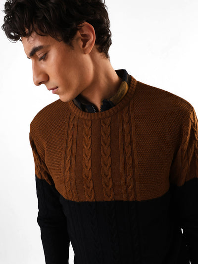 Men's Black & Brown Colourblocked Cable Knit Round Neck Pullover Sweater