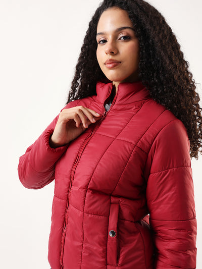 DL Woman Maroon Solid Stand Collar Full sleeves Puffer Jacket