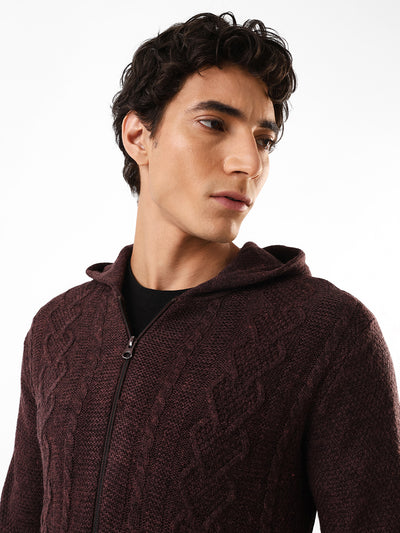 Men's Solid Cable Knit Hooded Front-Open Sweater
