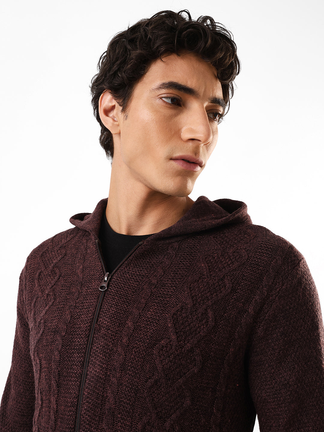 Men's Solid Cable Knit Hooded Front-Open Sweater