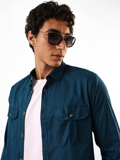 Men's Navy Solid Textured Spread Collar Regular Fit Casual Shirt