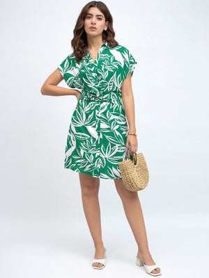Shirt Collar Regular Fit Printed Green Dress