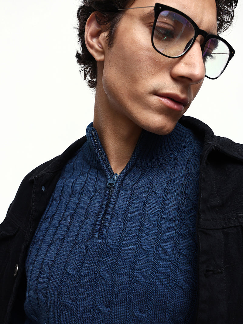 Men's Cable Knit Solid Mock Collar Pullover Sweater