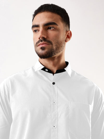 Men White Solid Spread Collar Full Sleeves Regular Fit Casual Shirt