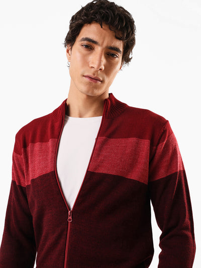 Men's Maroon Colourblocked Mock Collar Front-Open Sweater