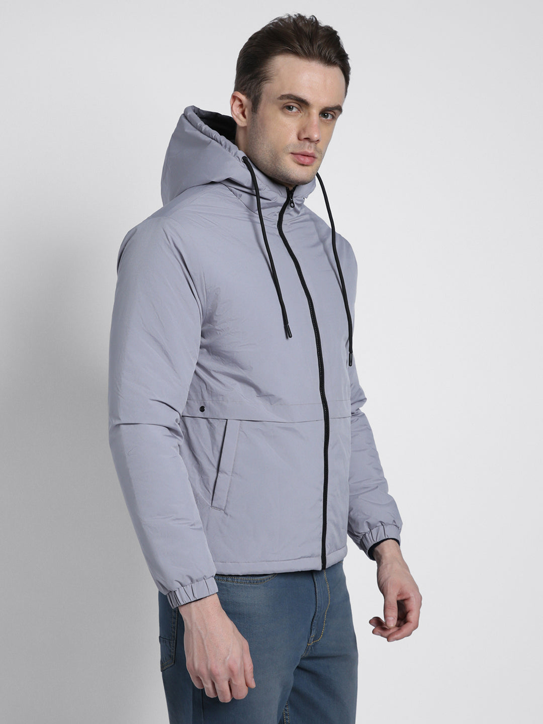 Dennis Lingo Men's Hooded Regular Fit Solid Panelled Grey Sky Jackets