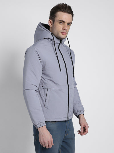 Dennis Lingo Men's Grey Sky Solid Panelled Hood Full Sleeve Quilted W Hood Jackets