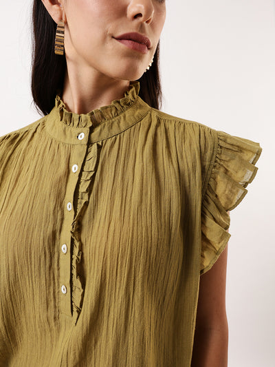 DL Woman Olive Solid Textured Sleeveless Round Neck Ruffle Top
