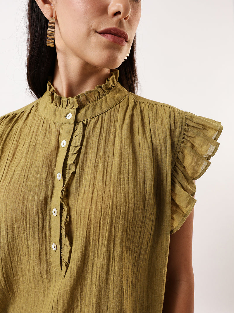 DL Woman Olive Solid Textured Sleeveless Round Neck Ruffle Top