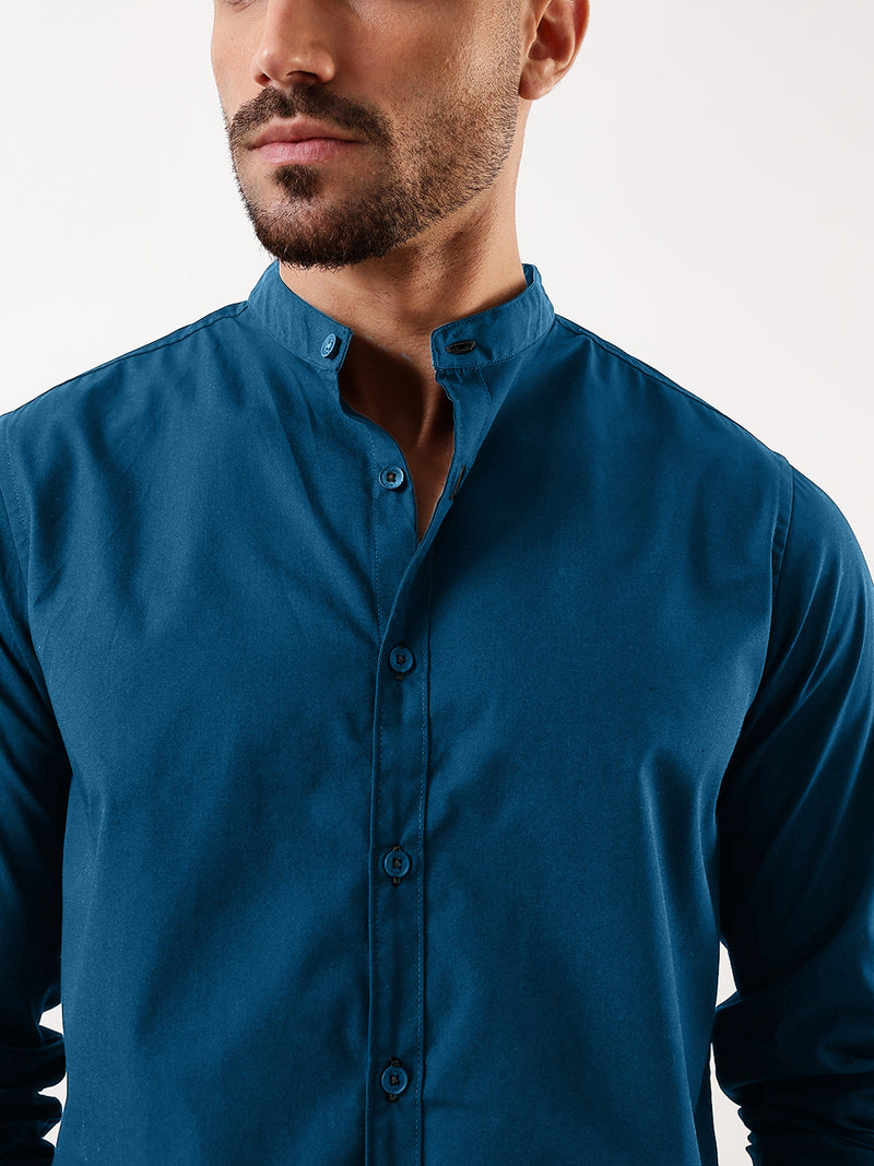 Men Teal Solid Mandarin Collar Full Sleeves Regular Fit Casual Shirt