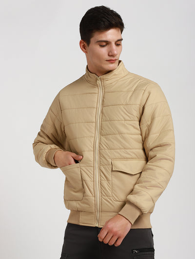 Men's High Neck Regular Fit Solid Quilted Beige Jackets