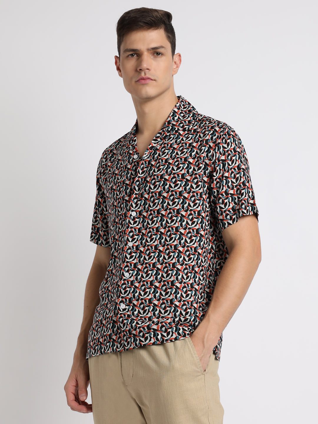 Men's Cuban Collar Regular Fit Print Multicolour Casual Shirts