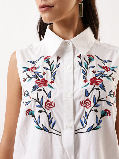 DL Woman White Embroidered Spread Collar Sleeveless Shirt Dress