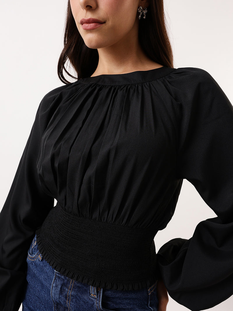 DL Woman Solid Round Neck Elasticated Top