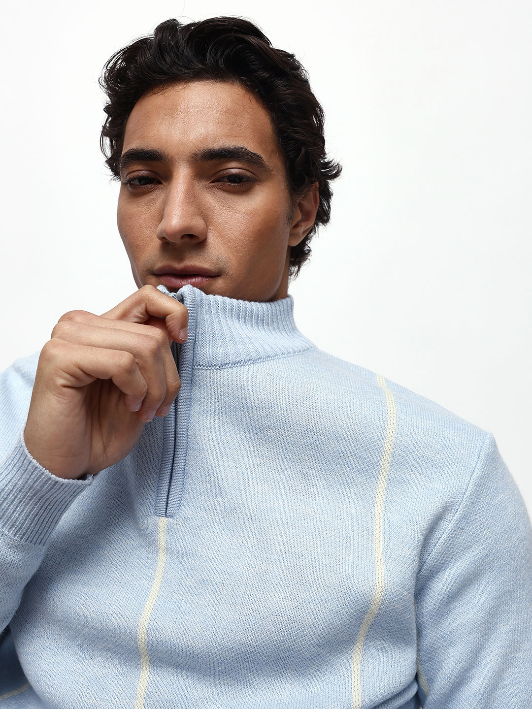 Men's Striped Mock Collar Pullover Sweater