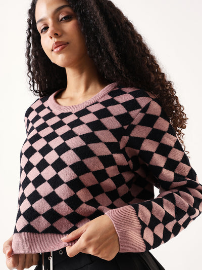 DL Woman Diamond Checks Round Neck Full Sleeves Sweater