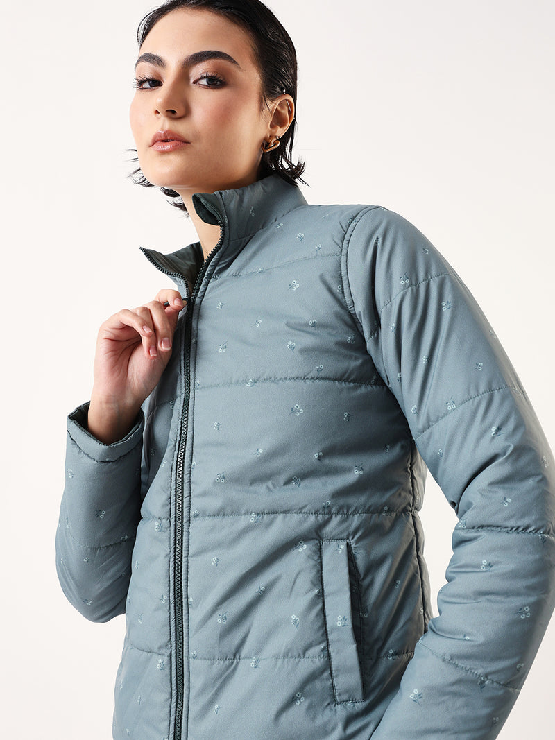DL Woman Printed Mock Collar Reversible Puffer Jacket