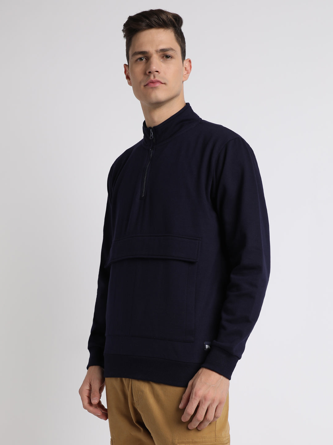 Dennis Lingo Men's Navy Mock Neck Full Sleeves Half Zipper Sweatshirt
