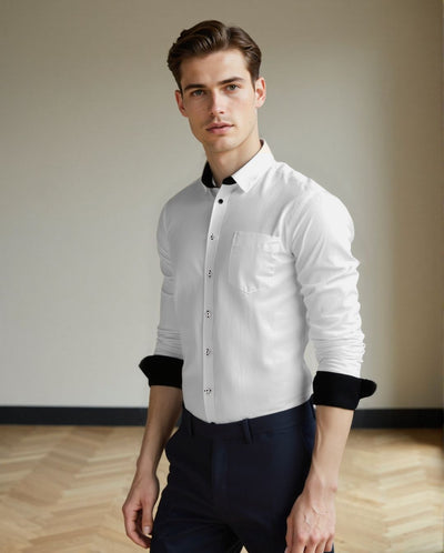 Men White Solid Spread Collar Full Sleeves Regular Fit Casual Shirt