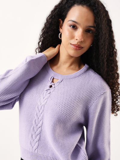 DL Woman Solid Round Neck Full Sleeves Cable Knit Sweater