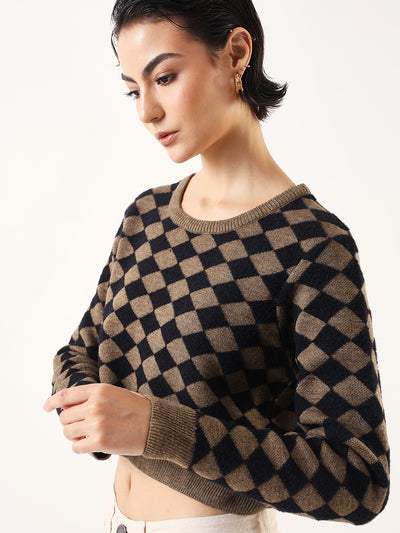 DL Woman Diamond Checks Round Neck Full Sleeves Sweater