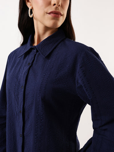 DL Woman Blue Textured Striped Spread Collar Full Sleeves Relaxed Fit Shirt