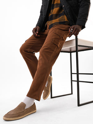 Men's Brown Solid Cotton Relaxed Fit Mid-Rise Cargo Trousers