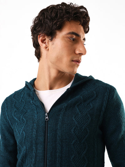 Men's Solid Cable Knit Hooded Front-Open Sweater