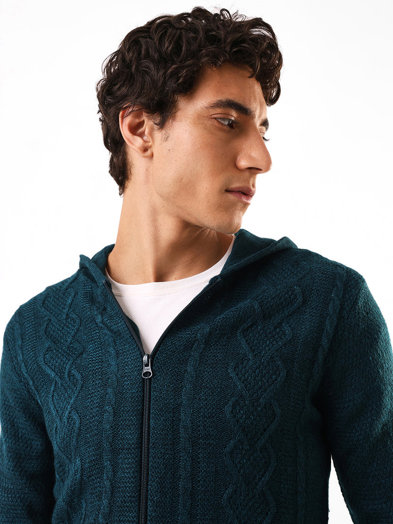 Men's Solid Cable Knit Hooded Front-Open Sweater