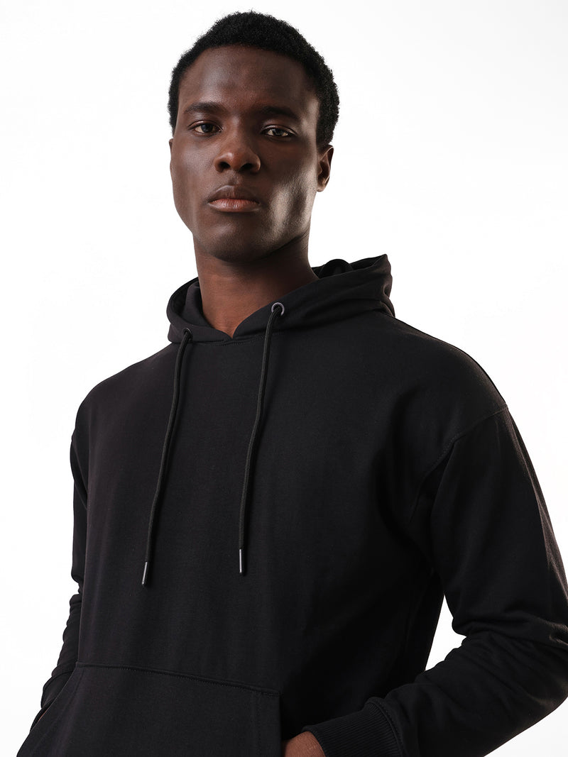 Men's Black Solid Hooded Pullover Fleece Sweatshirt
