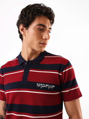Men's Maroon Striped Polo Collar Relaxed Fit T-shirt