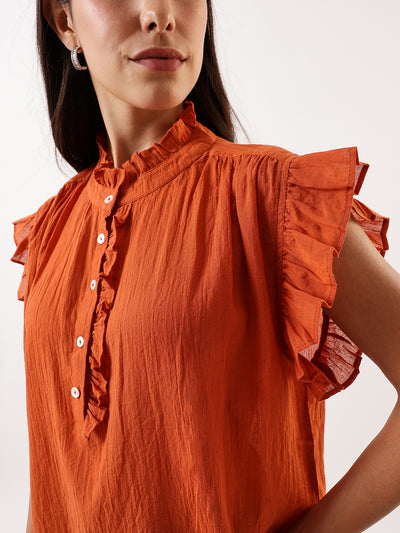 DL Woman Rust Solid Textured Sleeveless Round Neck Ruffle Top