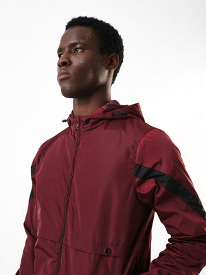 Men's Maroon Solid Hooded Full Sleeves Lightweight Open-Front Jacket