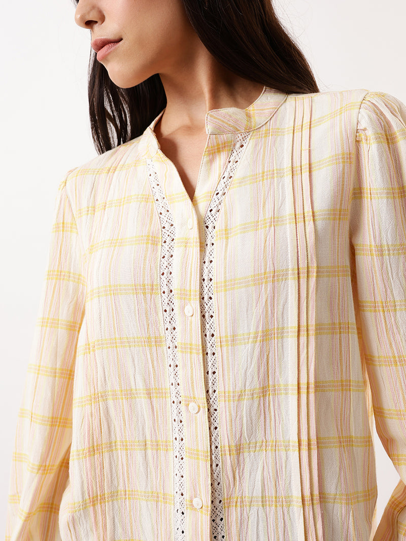 DL Woman Yellow Checks Mandarin Collar Full Sleeves Top