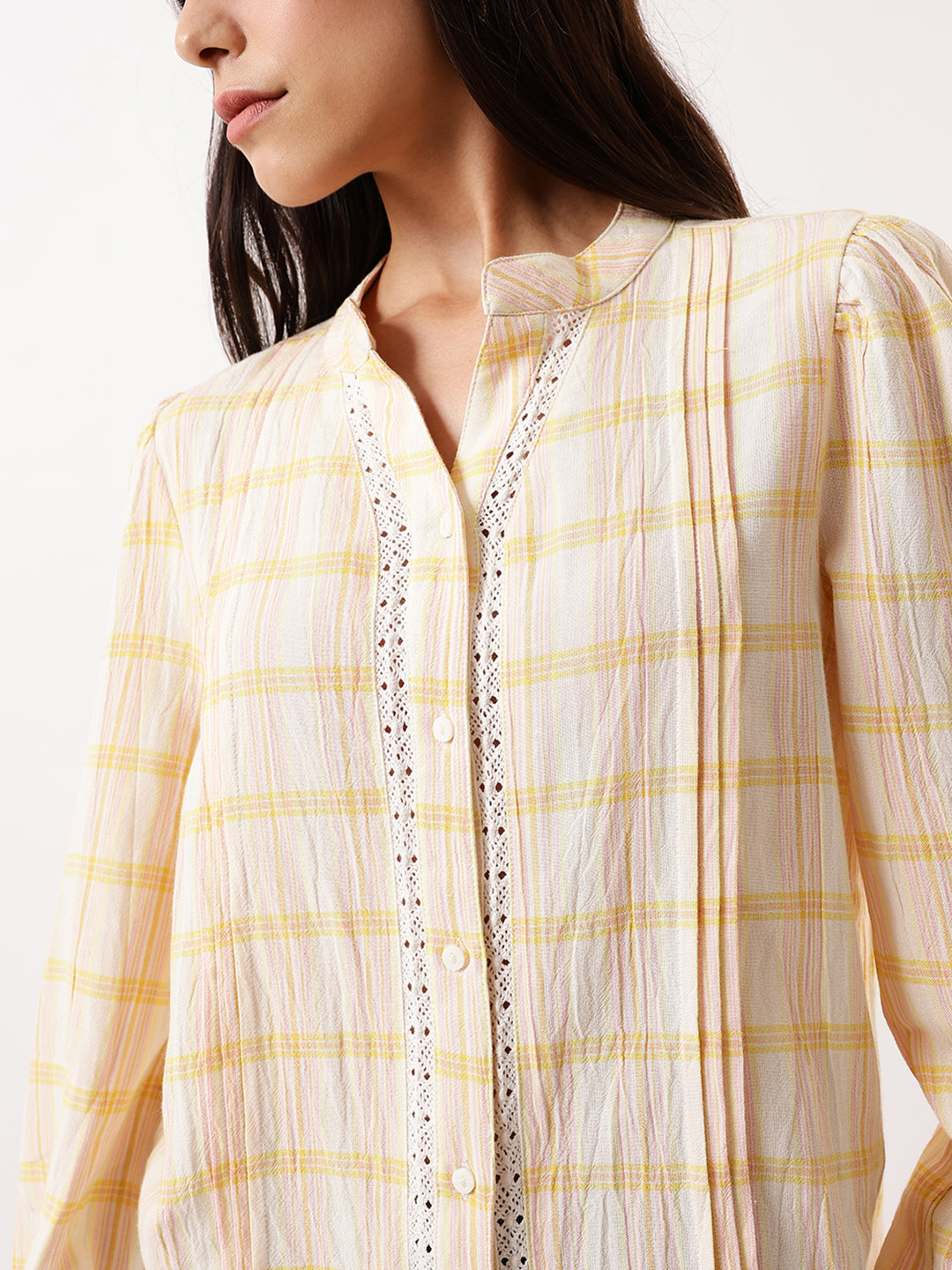DL Woman Yellow Checks Mandarin Collar Full Sleeves Top
