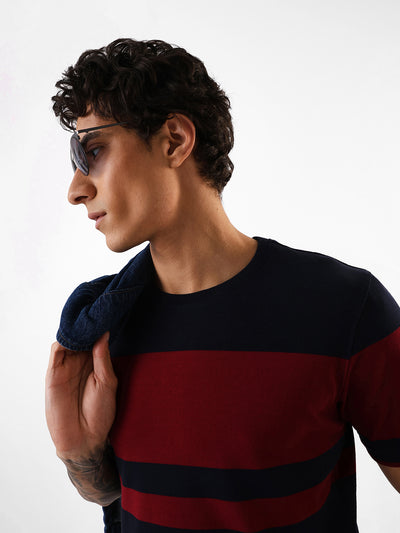Men's Navy & Red Striped Round Neck Relaxed Fit T-shirt