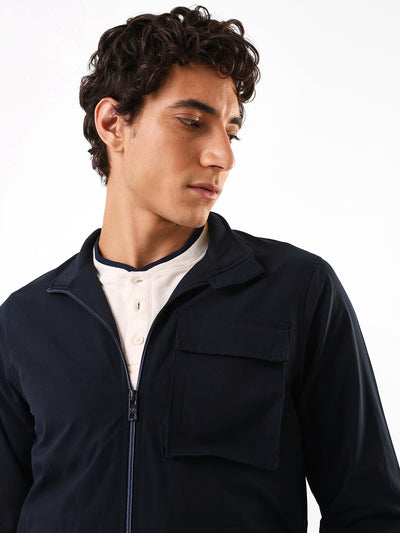 Men's Navy Solid Mock Collar Full Sleeves Lightweight Open-Front Jacket