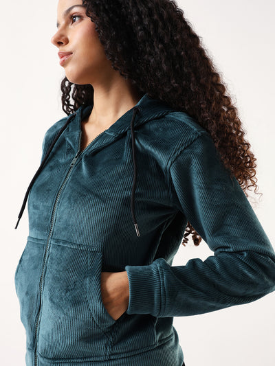 DL Woman Solid Full Sleeves Hooded Velvet Jacket
